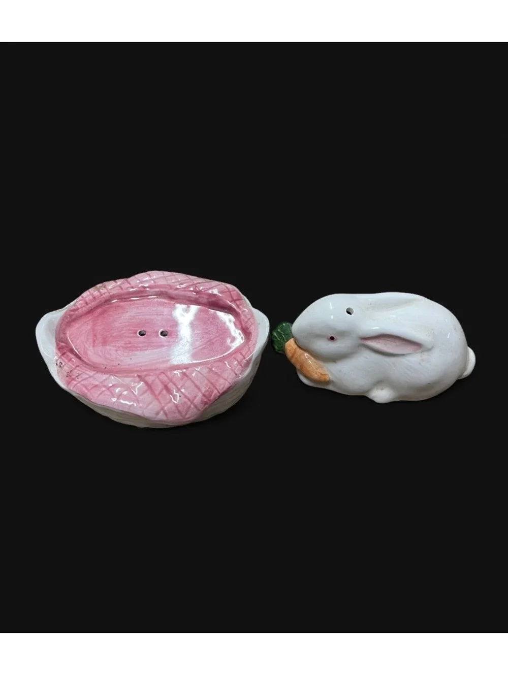 Ceramic Bunny Salt and Pepper Shaker Set with Pink Base and Carrot Acces